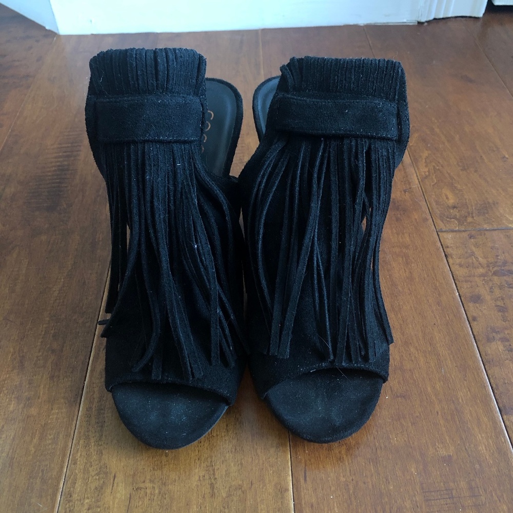 Coconuts by Matisse Black Fringe Peep Toe Heels